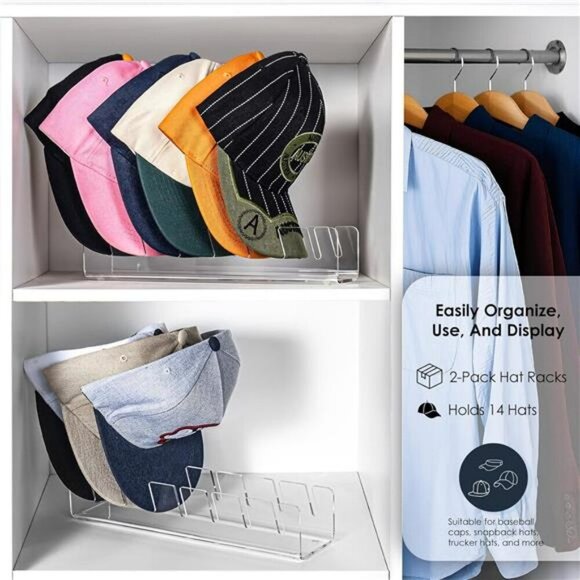 Clear Acrylic Hat Stand Organizer 2 Pack Baseball Cap Rack Holds 14 Hats - Picture 2 of 7